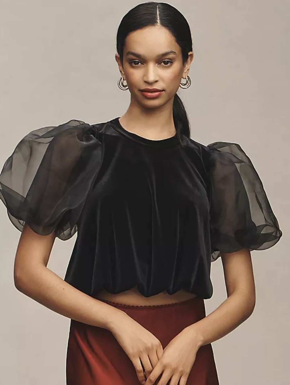Anthropologie Maeve Puff Sleeve Velvet Blouse Top Black Bubble Hem Cropped Sz M